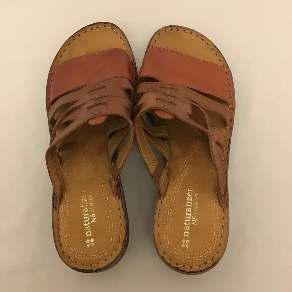 Naturalizer 9.5 Leather Sandals Strappy Slides Women’s Comfort Shoes Two Tone